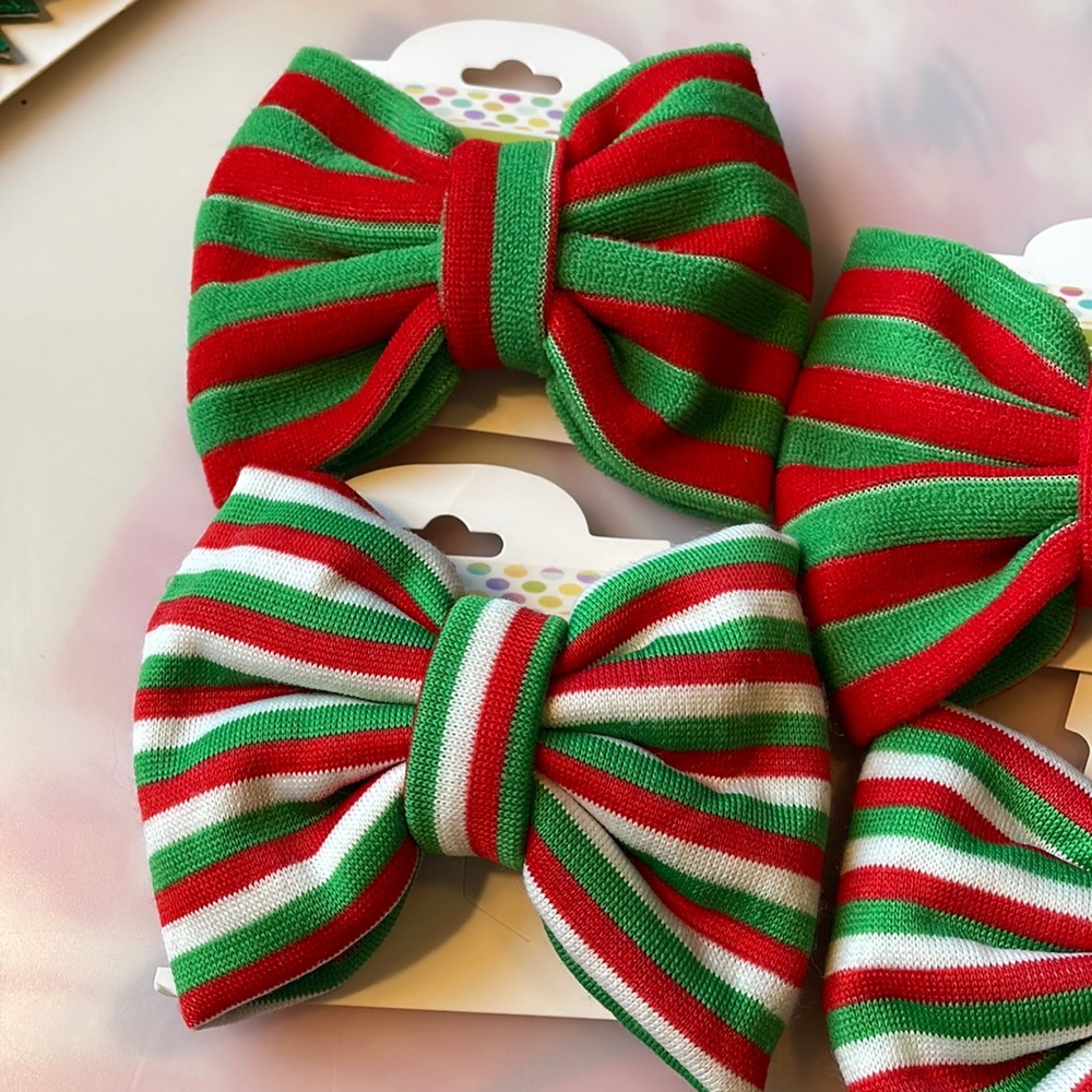 New Set of 2 Holiday Striped Clothe Hair Bows - 2 sets available